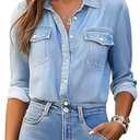 Denim Shirt Women Button Down Long Sleeve Jean Blouse Western Shirts Collared Chambray Casual Denim Tops Light Blue L