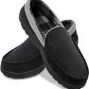 shoeslocker Mens Slippers Microsuede Moccasin Memory Foam House Shoes (10, Black Grey)