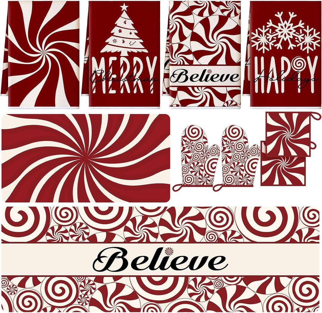 10 Pcs Christmas Kitchen Decor Set Kitchen Towels and Rugs Oven Mitts Pot Holders Absorbent Towels for Baking Cooking BBQ Gifts Home Decor(Red,Christmas Peppermint Candy)
