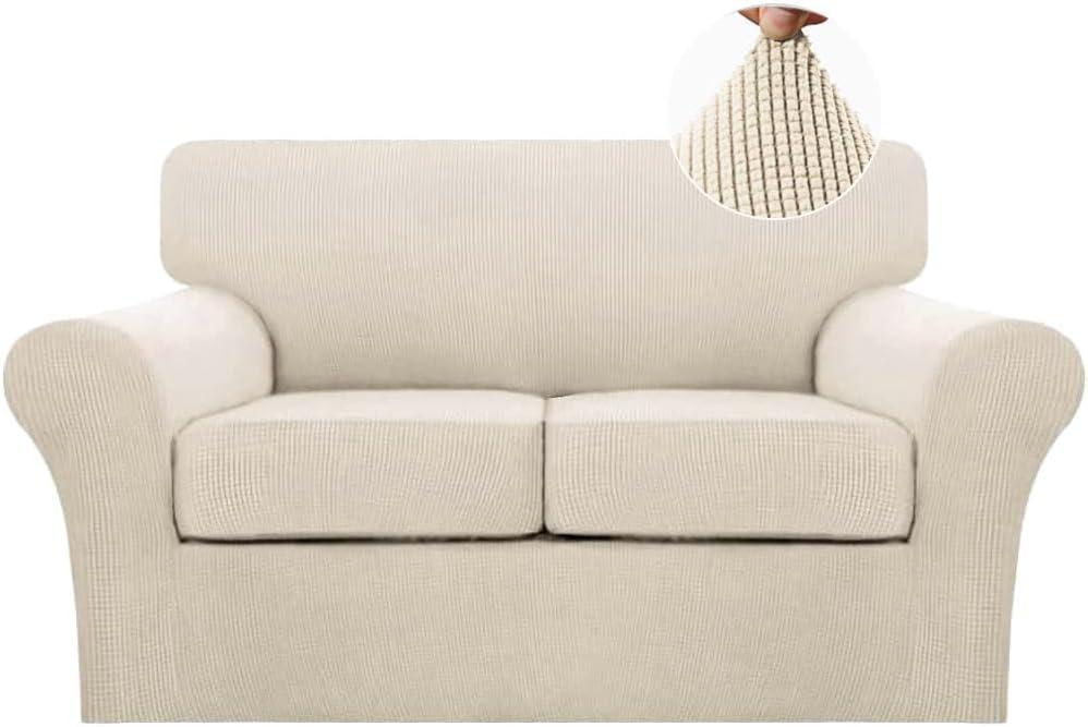 Turquoize 3 Piece Sofa Covers for 2 Cushion Couch Sofa Slipcover Soft Cover for Dogs-Washable Furniture Covers with 2 Individual Cushion Covers, Feature Jacquard Fabric (Loveseat, Biscotti Beige)