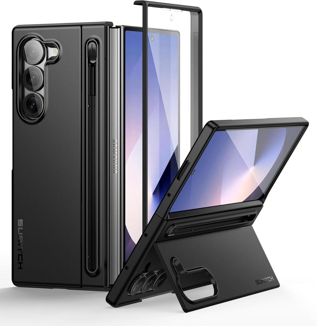 SURITCH for Samsung Galaxy Z Fold 6 Case with Kickstand and S Pen Holder [S Pen NOT Included], Phone Case for Z Fold 6 2024 -Black