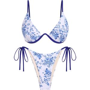ZAFUL Women's Bikini Sets Ribbed Two Piece Swimsuits Underwire Adjustable Back Clasp Bathing Suit Side Tie Thong Swimwear (Blue Floral) S 