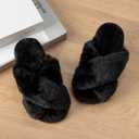 Enteer Girls Fluffy Slippers Memory Foam Soft Plush Cross Band House Shoes Indoor Outdoor Slip On (Black)
