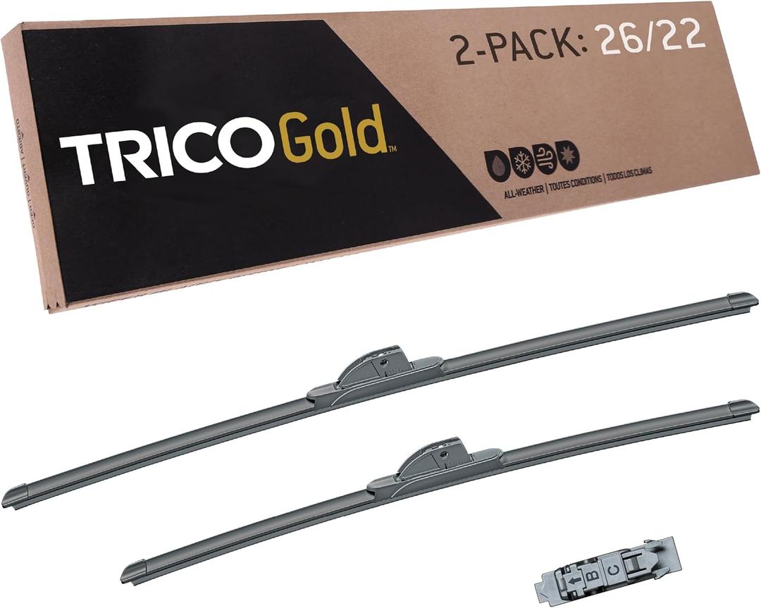 TRICO Gold 26" + 22" Premium Automotive Replacement Windshield Wiper Blades (Set of 2), Passenger and Driver Side All-Weather Beam Wiper Blades for Select Vehicle Models TRICO Gold 26" + 22" Premium Automotive Replacement Windshield Wiper Blades (Set of 2), Passenger and Driver Side All-Weather Beam Wiper Blades for Select Vehicle Models