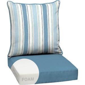 Arden Outdoor Foam Deep Seat Cushion Set, 24 in x 24 in, Weather-Proof, Rain-Proof, Fade Resistant Patio Cushion, Bottom and Back Cushion for Chair, Sofa, and Couch French Blue Linen Stripe