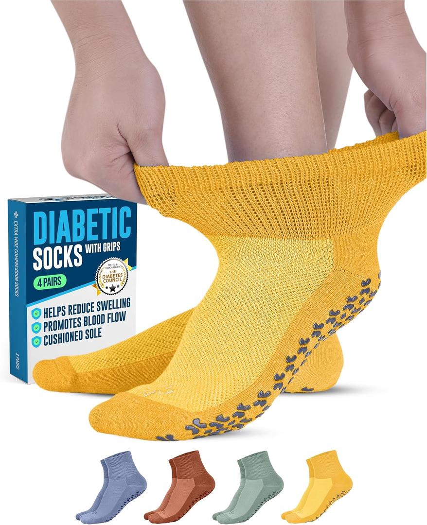 Doctor's Select Diabetic Ankle Socks with Grippers for Men and Women - 4 Pair 1/4 Length Neuropathy Socks for Women (Large)