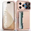 for iPhone 17 Pro Case Wallet with Screen Protector (Tempered Glass), Slide Camera Cover, Card Holder (4-5 Cards), Military Grade Heavy Duty Men Women Case for iPhone 17Pro, Rose Gold