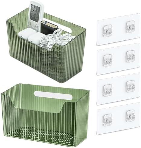 Set Of 2 Storage Organizer Bins Wall Mounted Shower Basket, Shower Caddy Stackable Clear Plastic Makeup Organizer Adhesive Hanging Bin for Bathroom, Kitchen, Cabinet, Pantry, BPA Free, Green