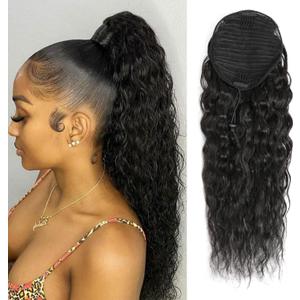 Datanala Brazilian Remy Water Wave Ponytail Extensions 24Inch Human Hair Drawstring Ponytail Extension Clip in Hair Extensions Nature Black Color for Black Women (24Inch/WW PY)