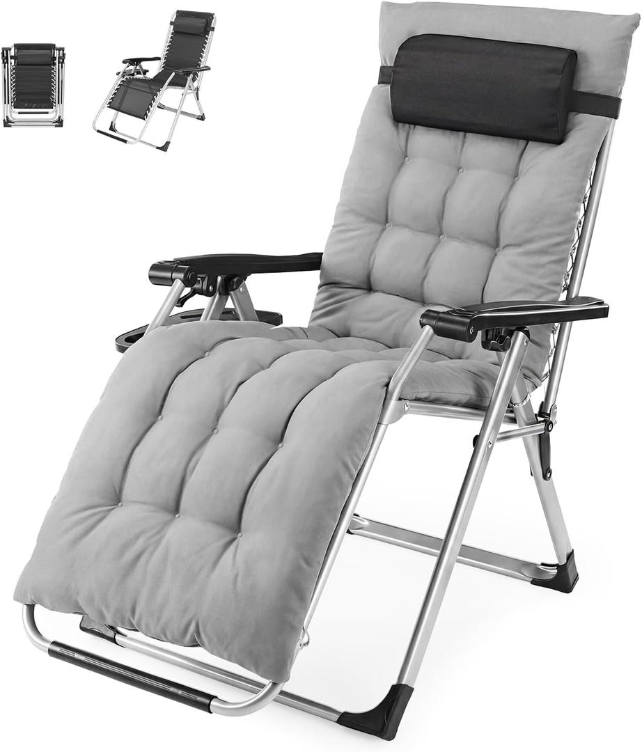NEWBULIG Zero Gravity Chair, Folding Patio Recliner with Removable Cushion & Cup Holder Trays, Portable Lounge Chair for Beach & Camping, Classic Grey, 60.72*25.47*43.57inch