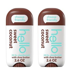 hello Sweet Coconut Aluminum Free Deodorant for Women and Men with Shea Butter, 24Hour Freshness, Baking Soda Free Deodorant, Dermatologically Tested, 2.6 oz Stick (2 Pack)