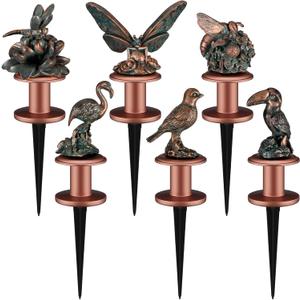 Zonon 6 Pcs Garden Hose Guide Stake Decorative 11.8 Inch Heavy Duty Metal Antique Water Hose Roller Guard Guide Stake Spike Resin Plant Saver Tools for Lawn Yard Garden(Antique Copper,Birds)