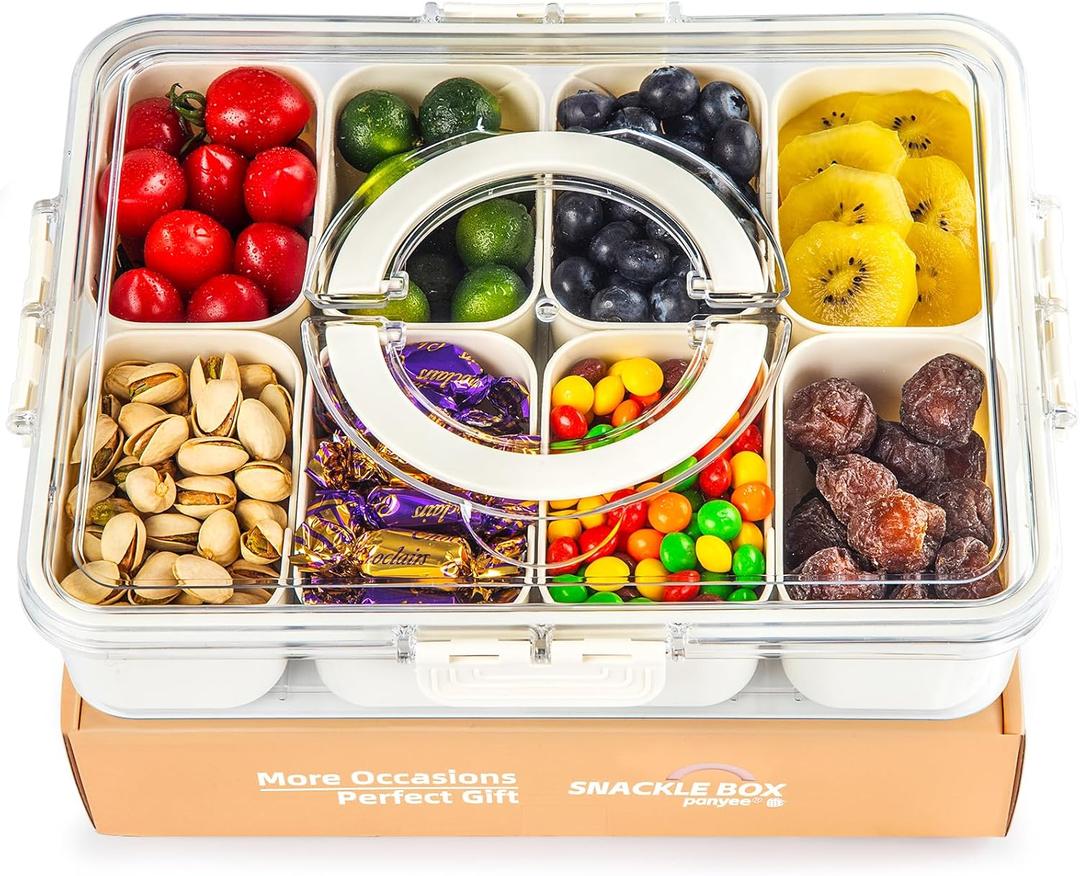 Snack Box Container,Divided Serving Tray with Lid and Handle, Snackle box Charcuterie for Portable Snack Platters - Clear Organizer for Candy,Fruits,Nuts,Snacks-for Party,Entertaining,Picnic (1PACK)