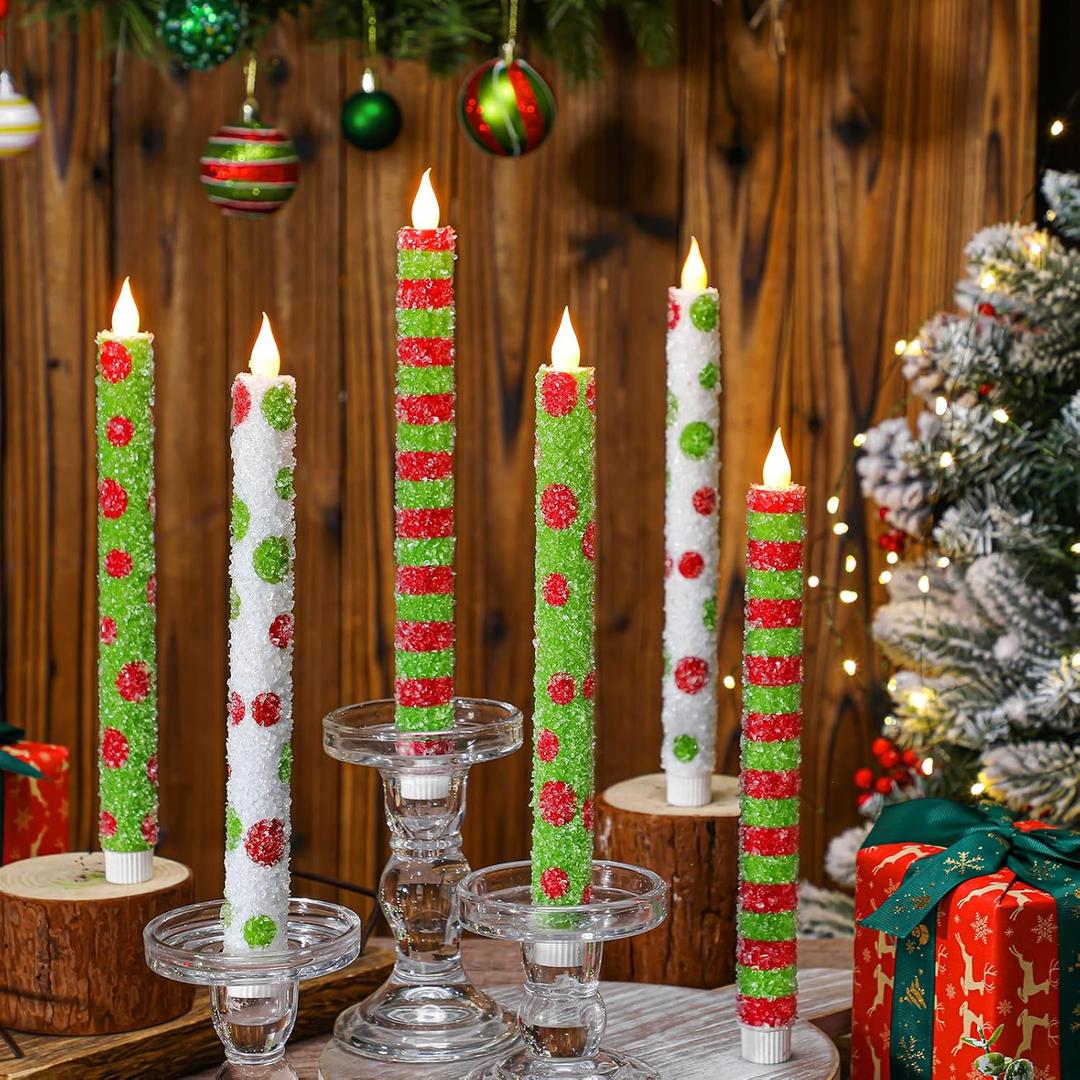 Baquler 6 Pcs Christmas Flameless Taper Candles 10.6 Inch Elf Theme Candles Battery Operated LED Christmas Candlesticks for Xmas Centerpiece Holiday Party Decor
