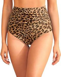 Zmart High Waisted Bikini Bottoms - Women's Full Coverage Ruched Bathing Suit Bottom Low Cut Swimsuit Leopard, Medium