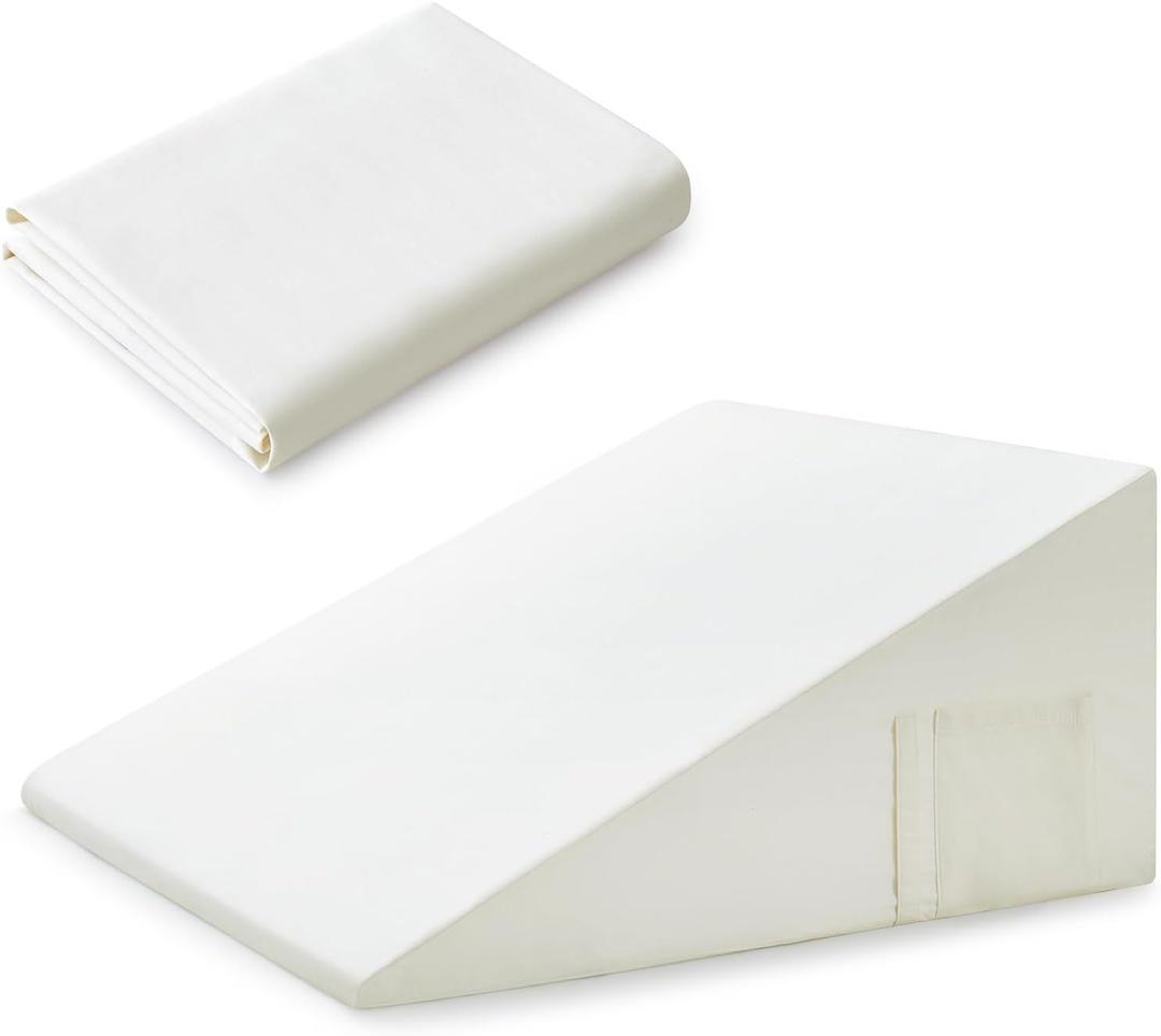 Cotton Wedge Pillow Cover for 24" x 24" x 7.5" Wedge Bed Pillow, Zippered Wedge Pillow Case Protector with Side Pocket, White (Pillow Not Included)