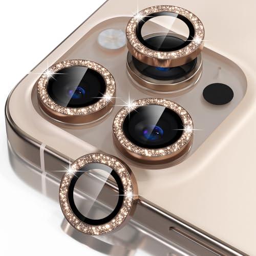 Misea Compatible for iPhone 16 Pro/iPhone 16 Pro Max Camera Lens Protector Bling, 9H Tempered Glass Camera Cover Screen Protector Metal Individual Ring Protector Decoration, Desert Titanium Glitter