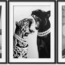 Black and White Wall Art Prints, Set of 3 Canvas Poster Fashion Woman with Champagne,Wild Leopard and Panther Painting, Black and white Decor,Modern Home Decor for Living Room, Bedroom16x20IN Unframed
