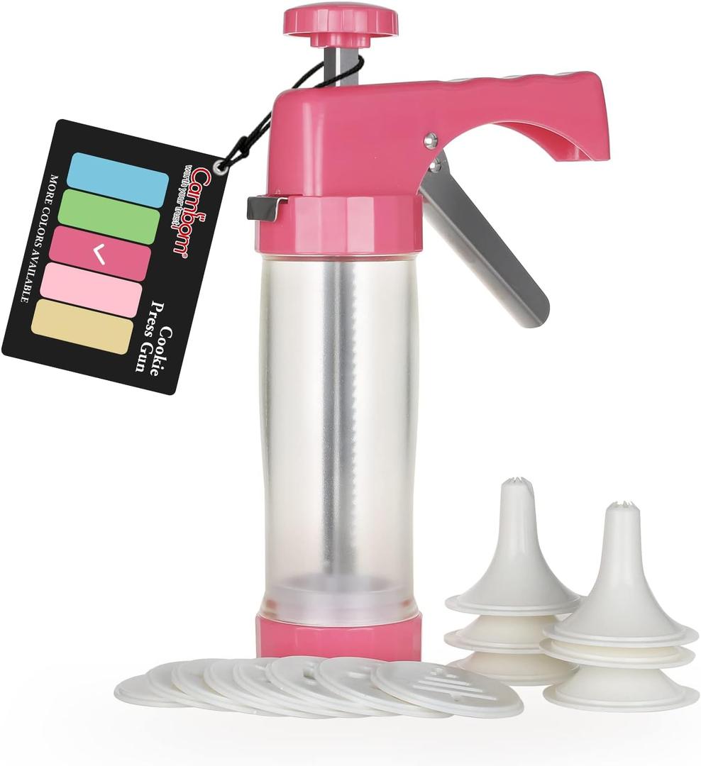 Cambom Clear Cookie Press Gun Kit with 16 Discs and 6 Icing Tips for DIY Biscuit Maker and Decoration Red