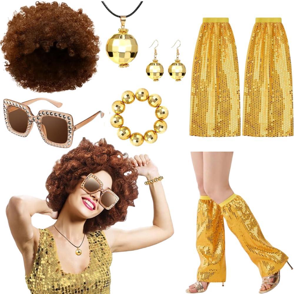8pcs 70s Disco Accessory Set for Women- Afro Wig, Earrings, Necklace, Bracelet, Sunglasses & Sequin Leg Cover