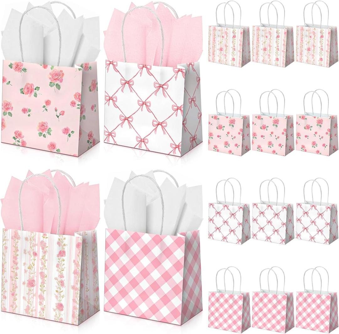 Silkfly 24 Pack Mini Pink Floral Gift Bags with Handles Mother's Day Tissue Paper Small Spring Flower Candy Goodie Bags for Tea Bridesmaid Birthday Wedding Baby Shower Party, 5x5x3inch