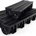Trench Drain System, Channel Drain with Plastic Grate, 5.9x5.1-Inch HDPE Drainage Trench, Black Plastic Garage and GardenDrain, 6x39 Trench Drain Grate, with 6 End Caps,Convenient Assembly 6 Pack