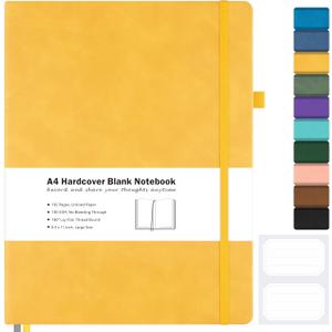 Blank Notebook, Hardcover Sketch Book, 8.5" x 11" Large Blank Journal, No Bleed Thick Paper Sketchbook for Drawing, Unlined Notebook Journal for Women Men, A4 Leather Sketchbook, Lay Flat, Yellow