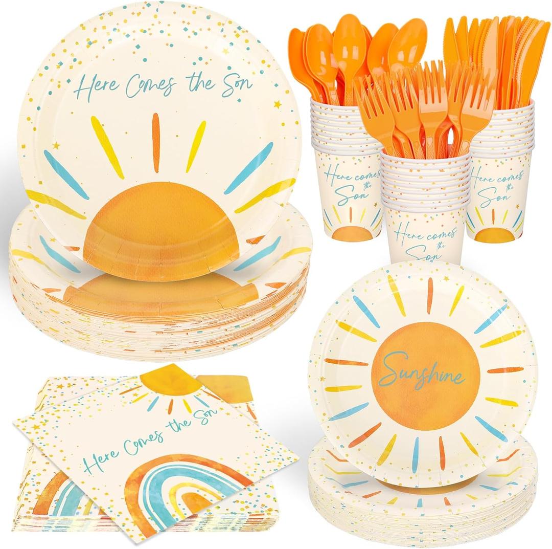 Whaline 168Pcs Here Comes the Son Baby Shower Decorations Tableware Set Boho Sun Dinnerware Retro Sunshine Disposable Plates Napkins Cups and Cutlery For 24 Guest Birthday Party Supplies