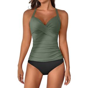 B2prity Women's Ruched Tankini Suimsuits V Neck Wrap Tie Back Two Pieces Bathing Suit Tummy Control Swimwear Army Green, Black, S