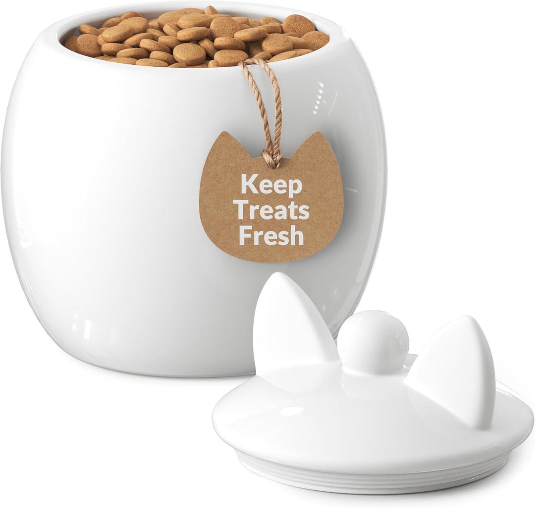 Barnyard Designs Cat Treat Container Airtight Ceramic Treat Jar with Lid, Large White Pet Treat Canister for Kitchen Counter (Cat)
