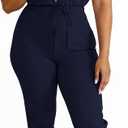 PINSV 2 Piece Outfit For Women Short Sleeve Shirt Collar Front Button Top Drawstring Jogger Pants Casual Tracksuit, 2XL