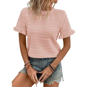 Samefar Womens Crewneck Texture Ruffle Shorts Sleeve Shirts Casual Loose Flowy Tee Tops Blouses Fashion Outfits Trendy (Pink) XL