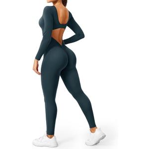 YEOREO Long Sleeve Jumpsuits for Women V Back Bodysuit Workout Full Length Bodycon Scrunch Leggings One Piece Romper (Small, Blue Green)