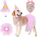 SCENEREAL Dog Birthday Bandana with Hat and Dress Girl Set, Large Dog Birthday Party Supplies, Cute Pink Tutu Skirt Outfit for Medium Large Dogs