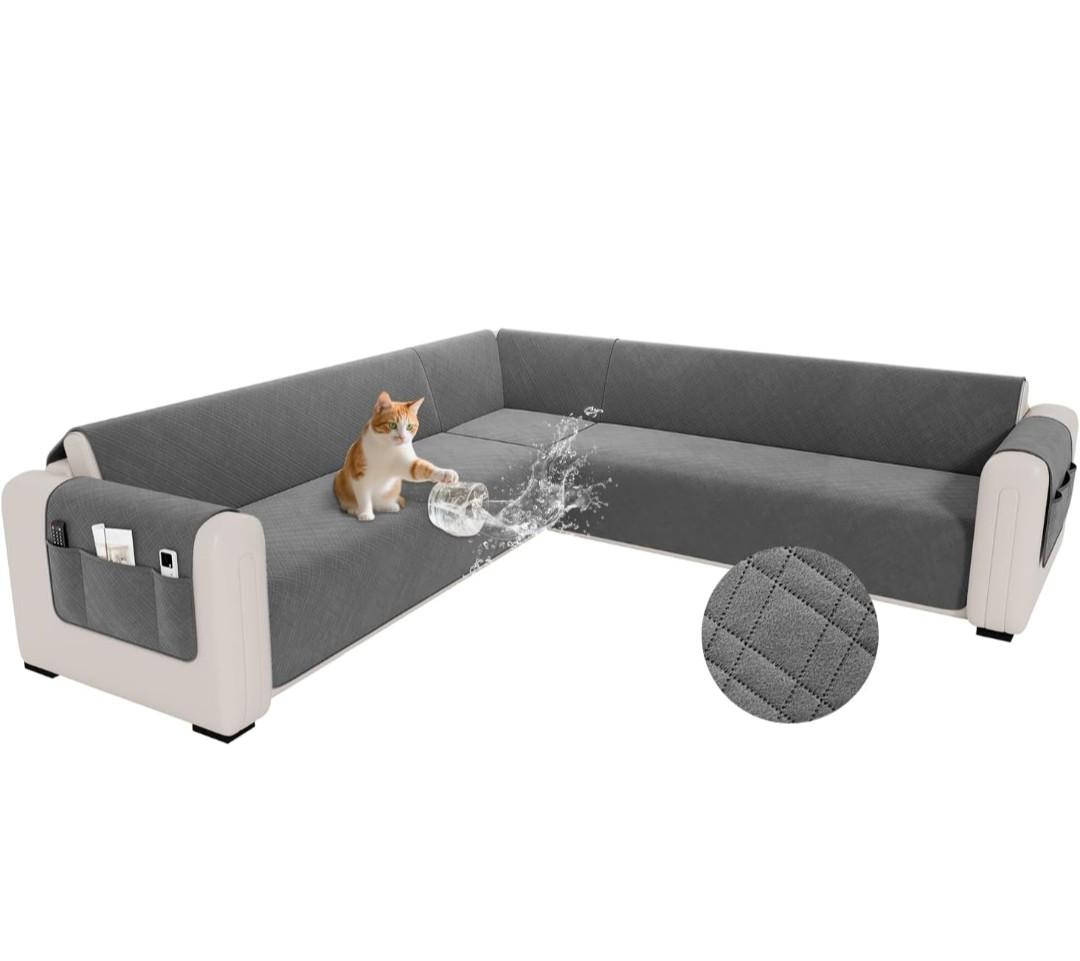Waterproof L Shaped Couch Cover for Sectional Sofa Velvet Quilted Corner Sofa Cover L Shape Furniture Protector Slipcover Set with Non Slip Straps for Pets Dogs Kids (XX-Large, Dark Grey)