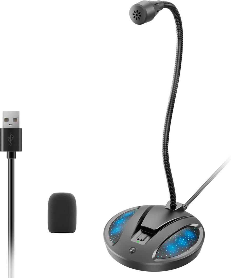 Plug & Play USB Computer Microphone, Flexible Gooseneck Desk Microphone for Podcasting, Streaming, Conference, Noise Canceling Microphone with Mute Button LED for PC/Mac