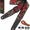 Nefelibata Guitar Strap, 2" Cotton Embroidery Guitar Straps, Full Grain Leather Ends with Invisible Pocket, for Bass, Electric and Acoustic Guitars, Strap Button, Strap Locks and Guitar Picks (Red Rose)