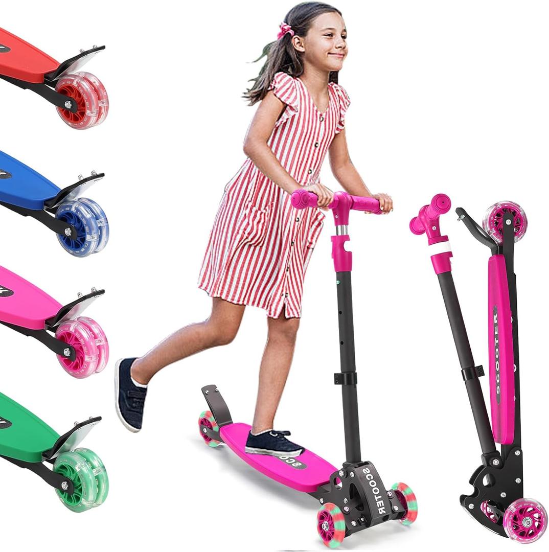 Scooter for Kids 3-12, Kid Scooters with Extra-Wide Deck, 165 lbs Capacity, 3 Wheel Kick Scooter with Lean to Steer, Height Adjustable Handlebar, Light Up Wheels for Stable Smooth Riding, Child Gift (Pink)