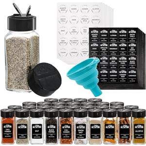 Tebery 30 Pack Glass Spice Jars Square Glass Bottles with Black Caps, 4oz Empty Spice Containers Shakers Complete Organizer Set Includes Wide Funnel and Labels