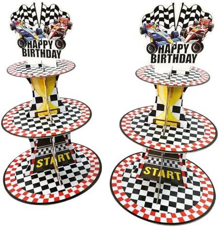 Pack of 2, 2 Pack Race Cars Cupcake Stands Birthday Party Supplies, 3-Tier Two Fast Racing Car Cardboard Cupcake Holder Dessert Display, Cars Wheels Birthday Decorations
