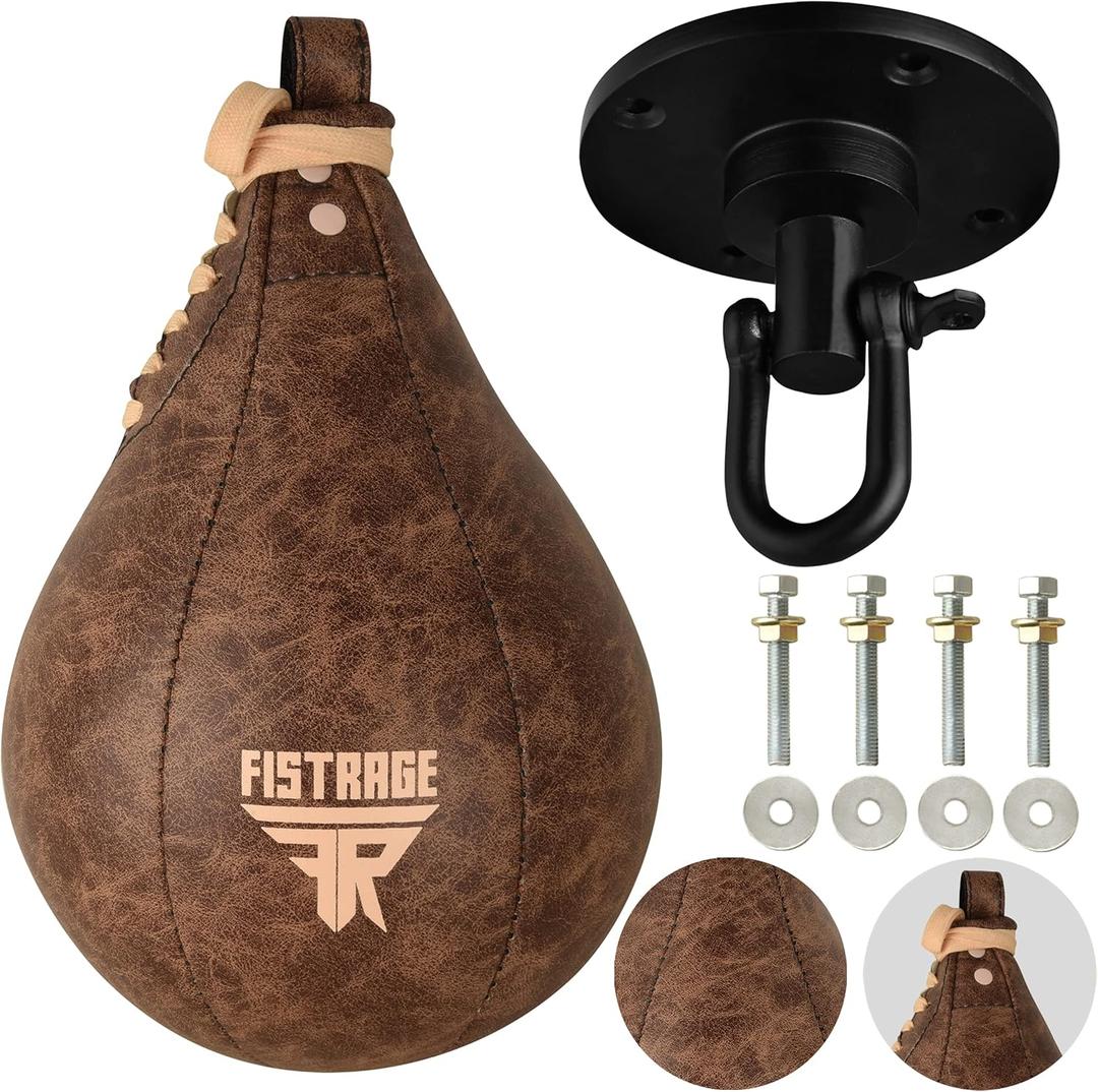 Speed Ball Boxing Bag Leather MMA Muay Thai Training Punching Dodge Striking Kit with Free Hanging Swivel Workout Speedball Kicking Platform Equipment (Beige)