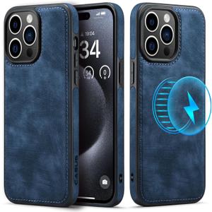Casus Designed for iPhone15 Pro Case Compatible with MagSafe Leather Slim Luxury Elegant Thin Protective Cover (2023) 6.1" - Blue