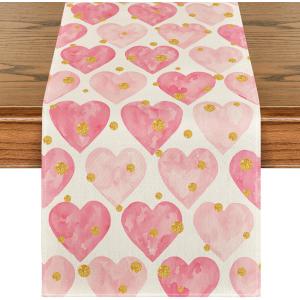 Artoid Mode Golden Pink Love Valentine's Table Runner, Seasonal Anniversary Kitchen Dining Table Decoration for Home Party 13x108 Inch