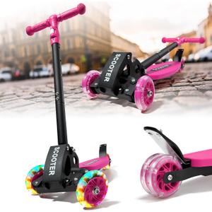 Kick Scooters for Kids 5-7 8-12,Lean to Steer,Three Wheeled Light Up,28"-32" Adjustable Handlebar,Widen Anti-Slip Deck,Floor Push Scooter for Boys Girls Ages 6-12 3-4 Old,Foldable for Travel (Pink)