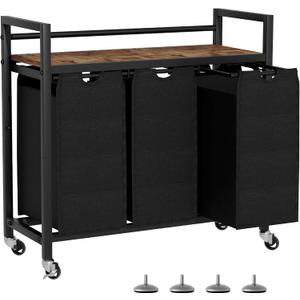 Laundry Hamper, Laundry Basket, Laundry Sorter with 3 Removable Bags, Clothes Basket with 3 Compartments, Wheels, Shelf for Laundry Room Bathroom Bedroom (3 Bags-Black)