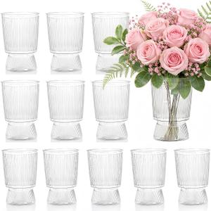 12 Pack Clear Plastic Flower Vases, 6.3" Ribbed Fluted Glass-Like Vase, Decorative Modern Ripple Hydroponic Plant Vase with Base for Table Centerpieces Home Decor Office Wedding Decoration