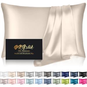Silk Pillowcase for Hair and Skin, Mulberry Silk Pillow Cases Standard Size Anti Acne Cooling Beauty Sleep Both Sides Natural Silk Satin Pillow Covers with Hidden Zipper, Gifts for Women Men, Beige
