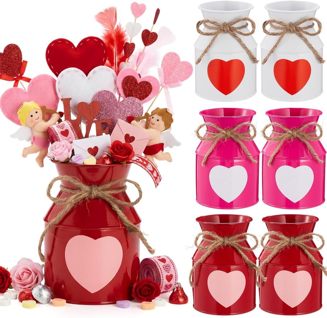 Domensi 6 Pcs Valentine's Day Vases Decor Valentines Table Centerpiece Heart Galvanized Metal Milk Can Jug Vase for Flowers Utensil Holder Jar Pot for Kitchen Home Wedding Galentines Party Decorations