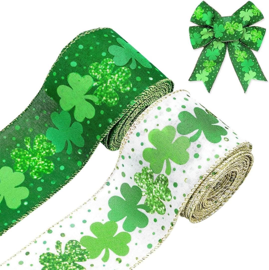 20 Yard St Patricks Day Wired Edge Ribbons 2 Rolls Craft Ribbon for DIY Wreaths Bows Wrapping Present Decoration, 2.5 Inch Wide (Shamrock)