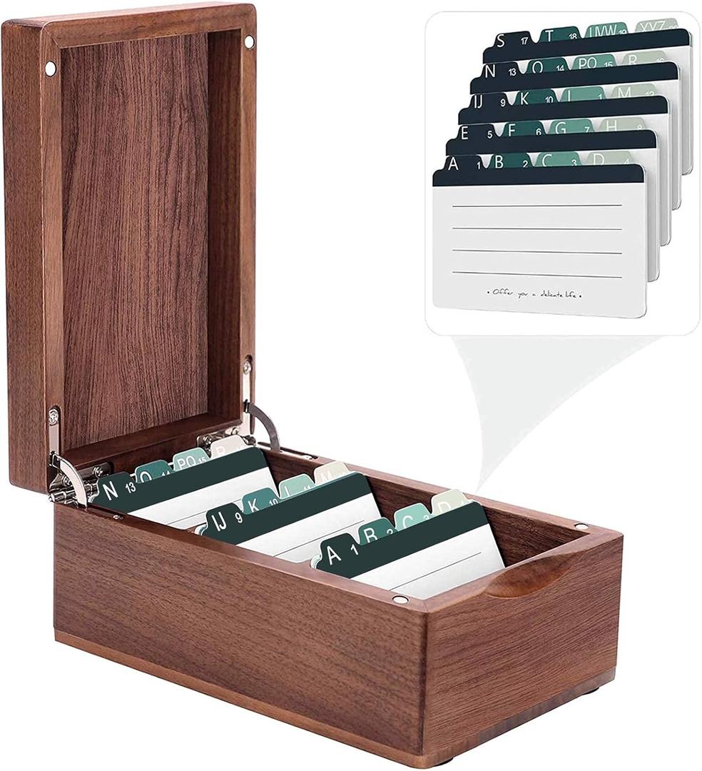 MaxGear Business Card Holder for Desk, 2.2" x 3.5" Walnut Wood Business Card Organizer, Index Cards Box Holds 300 Cards, 3 Divider Boards, Includes A-Z Tabs, Desktop Organizers for Office & Home